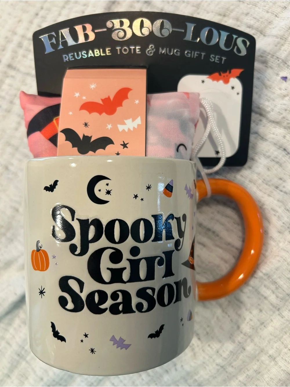 Brand New Spooky Girl Season Reusable Tote & Mug Gift Set - Orange & Cream